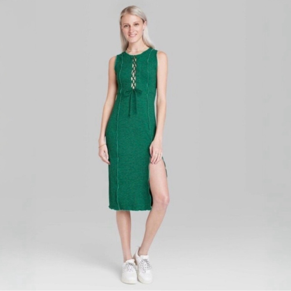 Wild Fable Emerald Green Lace-Up Knit Midi Dress